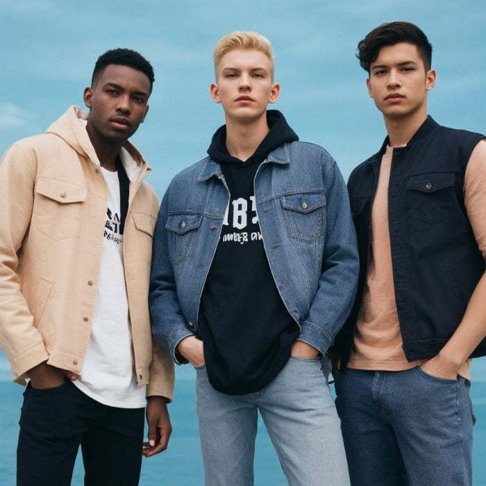 three fashionable men showing off trendy denim jackets and jeans outside a stylish mens boutique