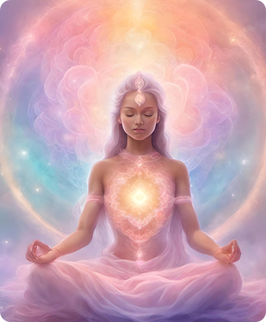 calm woman meditating in a lotus position, exploring sacred geometry