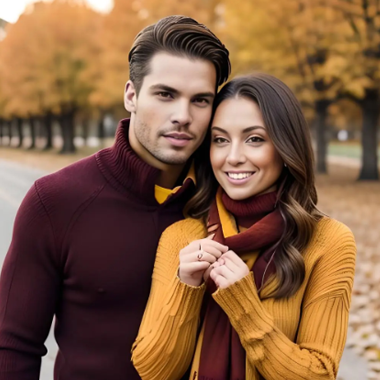 stylish couple in trendy sweaters and scarves strike a pose at the boutique gift shop, exuding charm and fashion
