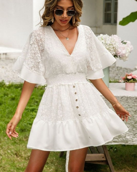 Lace Dress: Short Dress-Cutout Surplice-Half Sleeve - #variant_color# - #variant_size# - #variant_option#
