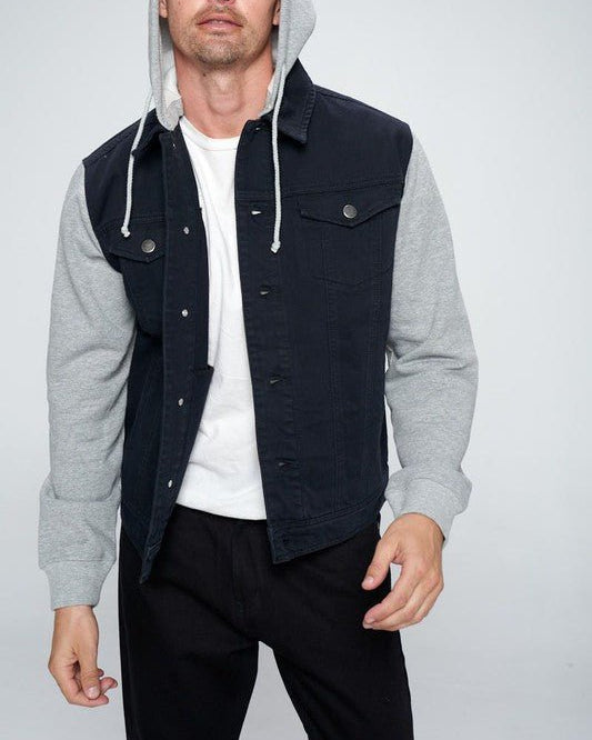 Men's Denim Jacket: Black with Light Gray Fleece Hoodie - #variant_color# - #variant_size# - #variant_option#