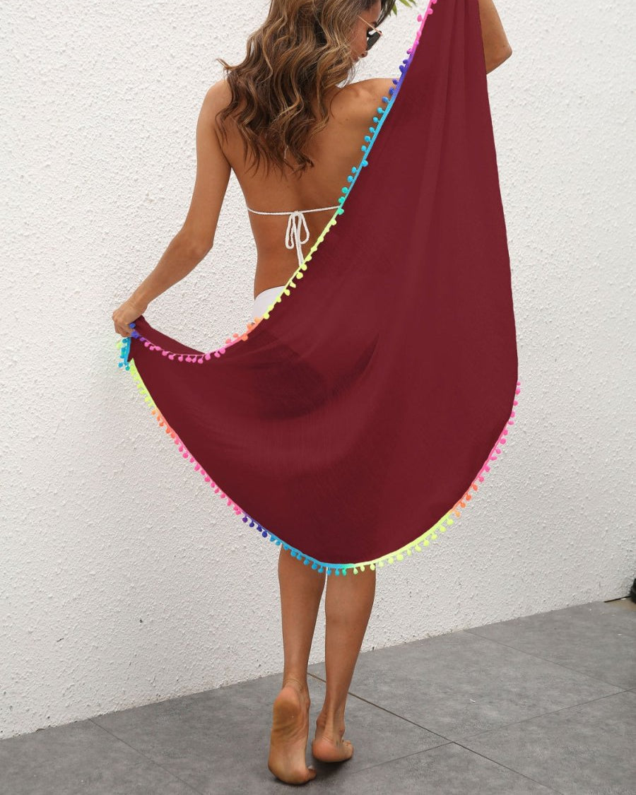 Women Swimwear: Cover-up Swim Skirt - Rainbow Pom Pom Trim - #variant_color# - #variant_size# - #variant_option#