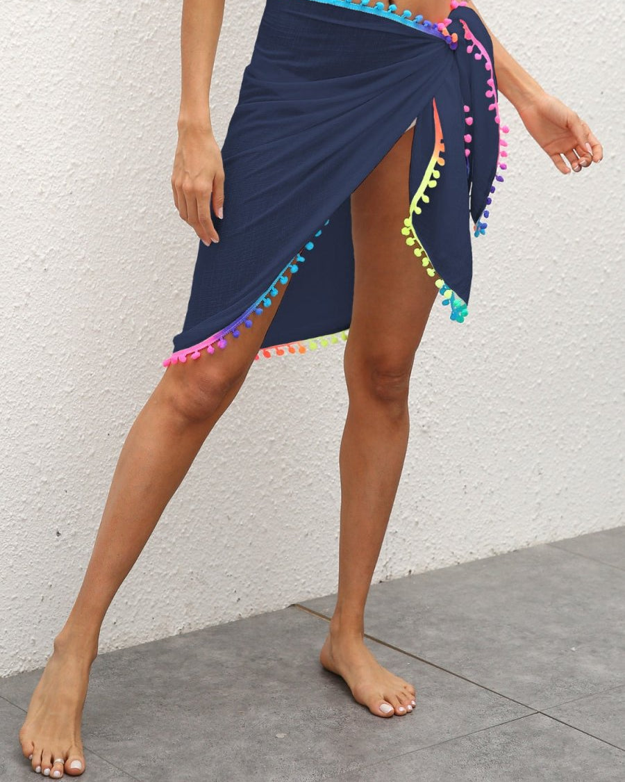 Women Swimwear: Cover-up Swim Skirt - Rainbow Pom Pom Trim - #variant_color# - #variant_size# - #variant_option#